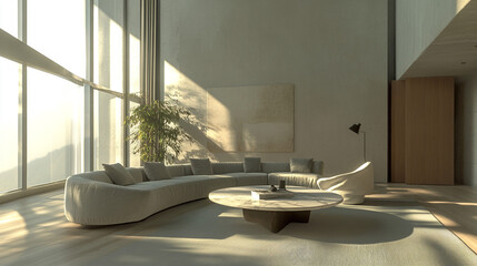 Wall Mural - Modern Living Room Interior Design with Curved Sofa  Marble Coffee Table  and Large Window