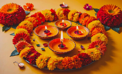 Aufkleber - Yellow plate with four orange candles and orange flowers