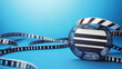 © ImageKing - A blue background with a 3D movie-themed design. It features a wave of film strips and a clapperboard, perfect for a cinema flyer or poster. You can add your own text and images to this template.