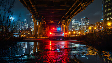 A police car with flashing lights parked under a city bridge at night creating a dramatic and intense scene.