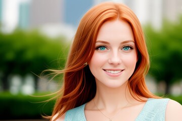 portrait young redhead woman with green eyes smile looking at camera