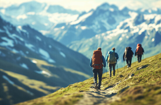 A mountain landscape with a group of people hiking on a mountain trail, captured with a shallow depth of field from a distance.