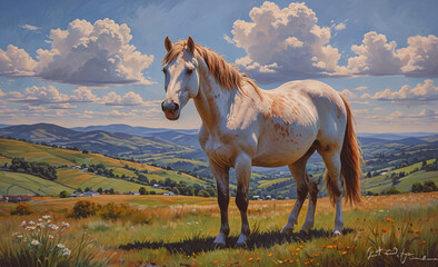 Poster - Horse is standing in a field with a blue sky in the background