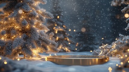 Poster - A serene winter night features snow-covered trees adorned with warm lights, creating a magical atmosphere. A glistening golden disc rests on the ground, reflecting the enchanting scene around it.