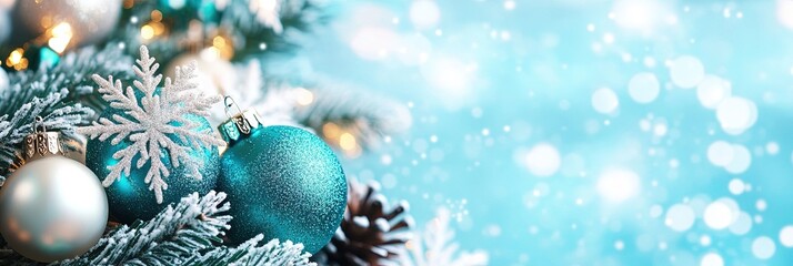 teal christmas background with snowflakes and christmas balls