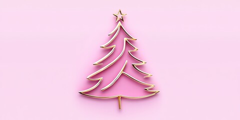 Wall Mural - simple minimalist gold line drawing of christmas tree on pink background