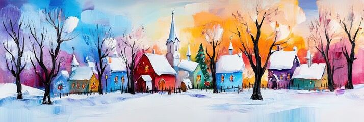 Wall Mural - oil painting of christmas village