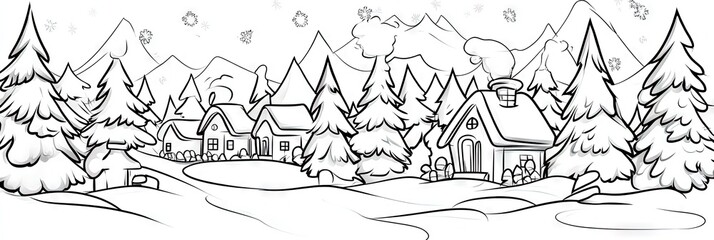 Wall Mural - line drawing of christmas village - coloring book page