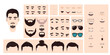 © taniKoArt - Asian man face constructor, avatar of male character creation hairstyle, nose, eyes with eyebrows and lips. Facial elements for construction. Cartoon set suitable for animation and lip sync speaking.