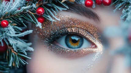 Poster - A mesmerizing eye showcases shimmering gold and silver makeup, framed by delicate greenery and vibrant red berries. The wintery decorations enhance the festive mood, highlighting the natural beauty.