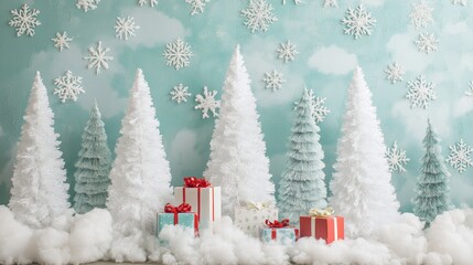 Wall Mural - Festive presents scattered in a snowy wonderland, surrounded by frosted trees and delicate falling snowflakes.