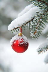 Wall Mural - a vibrant red ornament dangles from a snow-laden tree branch, capturing the essence of winters festi