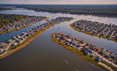 Fototapete - View of a town with houses and a river