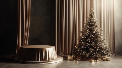 Poster - A beautifully arranged space showcases a Christmas tree adorned with lights and ornaments.