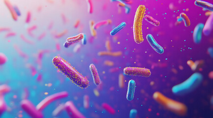 Poster - This is a digital illustration of bacteria floating in a purple and blue background. The bacteria are various colors, including pink, blue, orange, and yellow