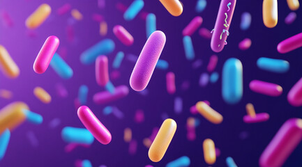 Poster - Colorful, 3D-rendered bacteria float in the air against a purple background. The bacteria are rendered in various shades of pink, blue, and yellow
