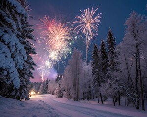 Poster - A magical winter night, with vibrant fireworks painting the starlit sky above a snow-covered park.