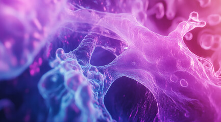 Poster - This is a close-up image of a cell, which appears to be a neuron, taken with a microscope. The cell is a delicate, web-like structure, illuminated in vibrant shades of purple and blue