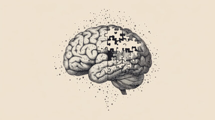 A human brain with a missing piece, like a puzzle. This is a creative illustration of artificial intelligence (AI), made with simple dots and lines.