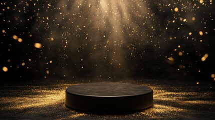 Aufkleber - A dark stage is filled with shimmering golden particles cascading down around a circular platform. The atmospheric lighting creates a magical effect, enhancing the sense of depth and allure.