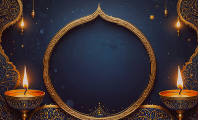 Poster - Blue background with a gold frame and two lit candles