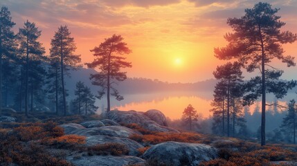 Wall Mural - beautiful sunset over a lake with trees in the background. the sky is a mix of orange and pink hues,