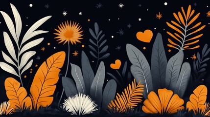 Wall Mural - Black and white drawing of a forest with orange and gray leaves and flowers. The drawing has a whimsical and playful mood, with hearts scattered throughout the scene