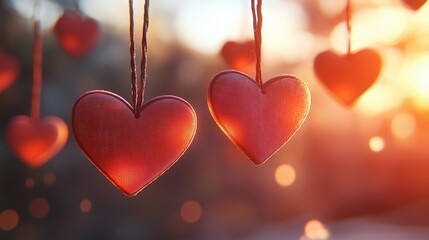 Poster - Bunch of red hearts hanging from a string. The hearts are all different sizes and are hanging at different heights. The scene is warm and inviting, with the sun shining brightly on the hearts