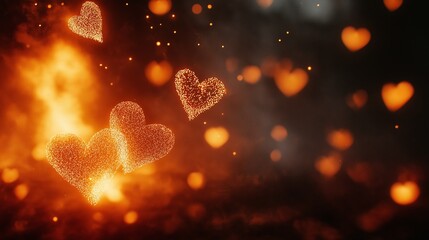 Wall Mural - Close up of three hearts in the air with a dark background. The hearts are surrounded by a lot of sparks and fire, giving the image a fiery and intense mood