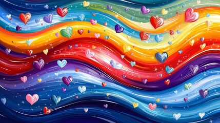 Wall Mural - Colorful painting of a rainbow with many hearts scattered throughout. The painting conveys a sense of joy and happiness, as the hearts are spread out in various colors and sizes, creating a vibrant