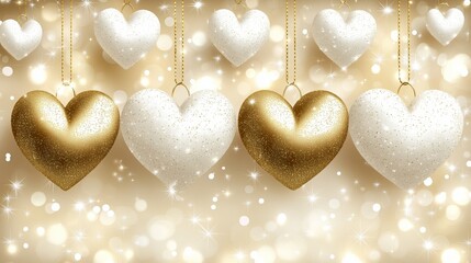 Poster - Gold and white heart decoration hanging from the ceiling. The gold hearts are hanging from a string, and the white hearts are hanging from another string. The decoration is a beautiful
