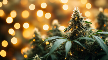 marijuana plant buds with christmas lights in the background. cannabis themed christmas background f