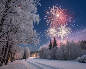 Poster - A magical winter night, with vibrant fireworks painting the starlit sky above a snow-covered park.