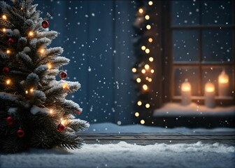 Poster - A small Christmas tree, adorned with warm, glowing lights and red ornaments, stands amidst a snowy scene.