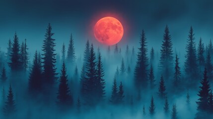 Wall Mural - red moon is in the sky above a forest of trees. the sky is dark and the trees are tall and dense. sc