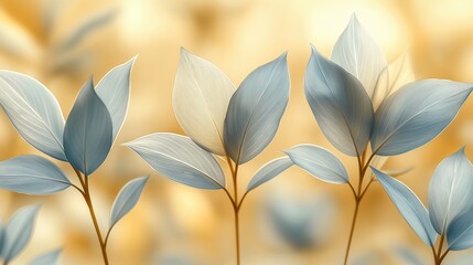 Wall Mural - three leaves with a yellow background. the leaves are blue and white
