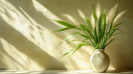 Wall Mural - White vase with green leaves sits on a table in front of a wall. The vase is filled with water and the leaves are fresh and vibrant. Concept of calm and tranquility