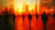 © PhotoArtHub - Silhouettes of people walk through a city at sunset, the buildings glowing orange and red in the fading light