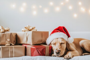 Golden retriever puppy in a Santa hat sleeping beside neatly wrapped Christmas presents with golden ribbons, against a soft background with warm holiday lights, capturing a cozy festive mood