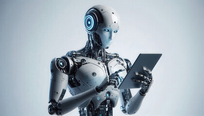 Ai robot humanoid using tablet isolate on transparency light backround 300dpi