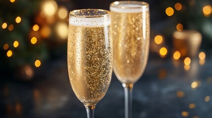 Wall Mural - Two elegant champagne glasses sparkle side by side, set against a festive background, perfect for celebrations or romantic evenings.