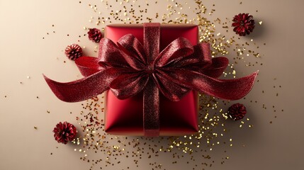 Sticker - A red gift box with a matching bow surrounded by sparkling gold confetti, perfect for festive celebrations.