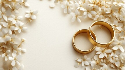 two gold wedding bands surrounded by white blossoms on a cream background.