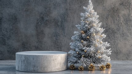 Poster - A small, snowy holiday tree adorned with golden ornaments stands beside a gray circular pedestal. Pinecones are gathered at the base, creating a cozy winter ambiance perfect for festive displays.