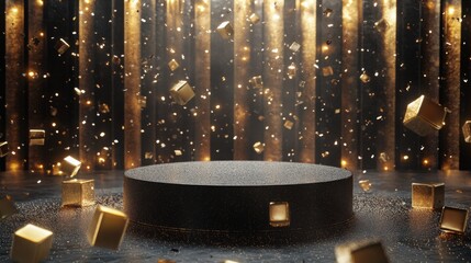 Poster - A circular platform sits prominently in a dimly lit environment, illuminated by beams of light. Surrounding it, golden cubes float gracefully, creating a mystical ambiance of luxury and innovation.