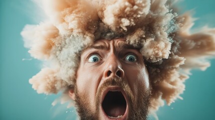 a man's head erupts into a dynamic, bursting cloud, capturing a sense of shock and amazement with vi