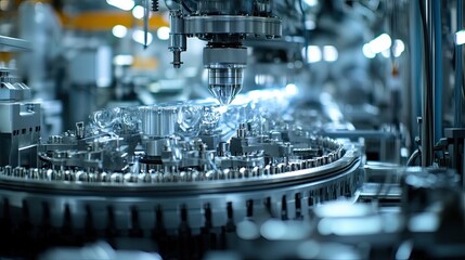 Poster - Close-up of a robotic arm filling transparent vials in a factory