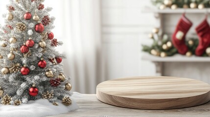 Aufkleber - The cozy indoor space boasts a beautifully decorated Christmas tree with red and gold ornaments and a wooden table, perfect for holiday treats and gatherings, creating a cheerful vibe.