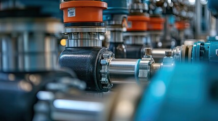 Poster - Close-up of Industrial Machinery with Orange and Blue Components