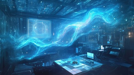 Poster - Futuristic Room with Blue Glowing Energy and Digital Interface